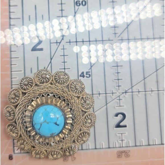 Faux Turquoise Silver Plated Brooch Pendant Blue Glass Filigree Setting Vintage - Picture 5 of 16